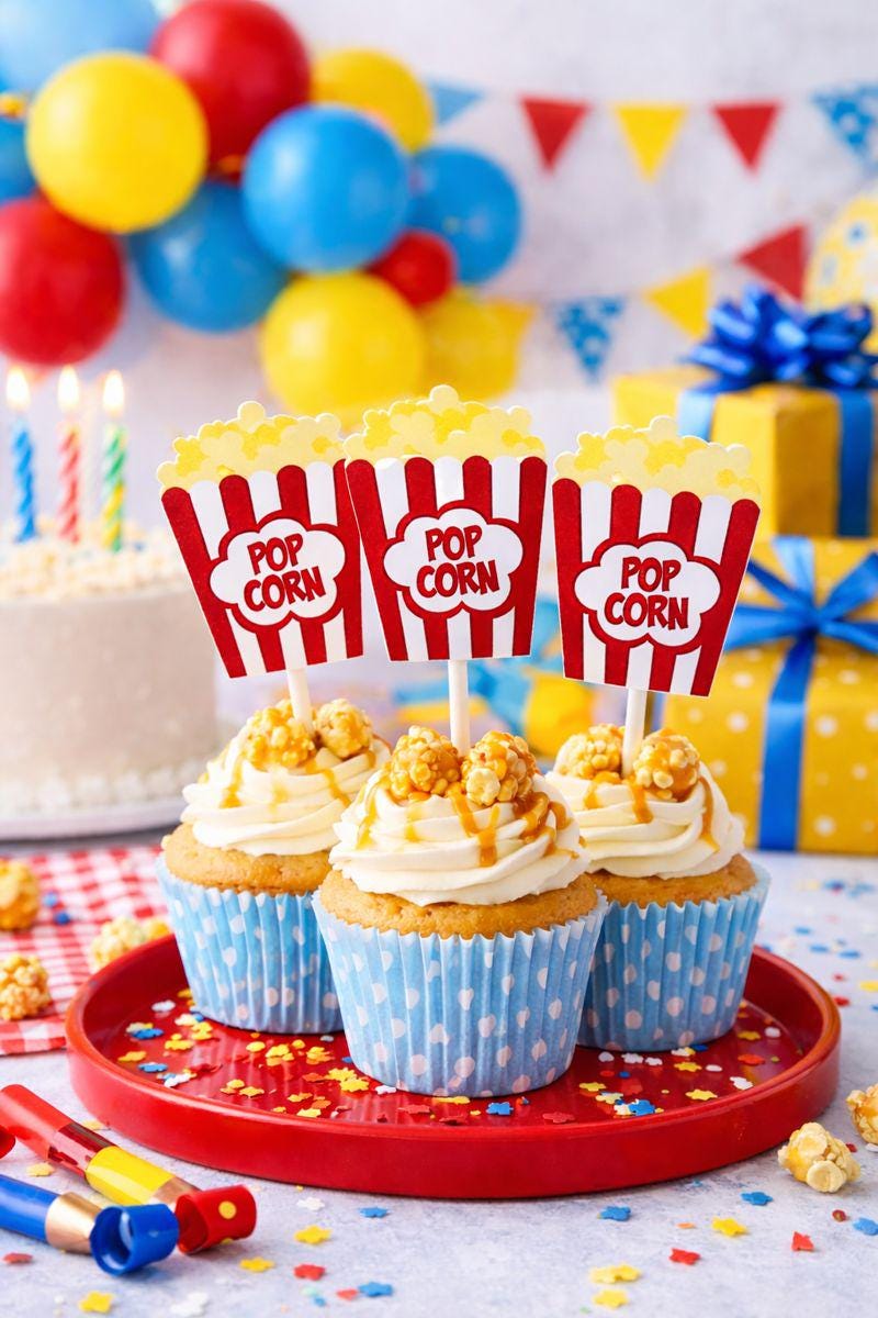 Movie Party Cupcake Toppers - Popcorn cupcake toppers - Movie Party Decorations