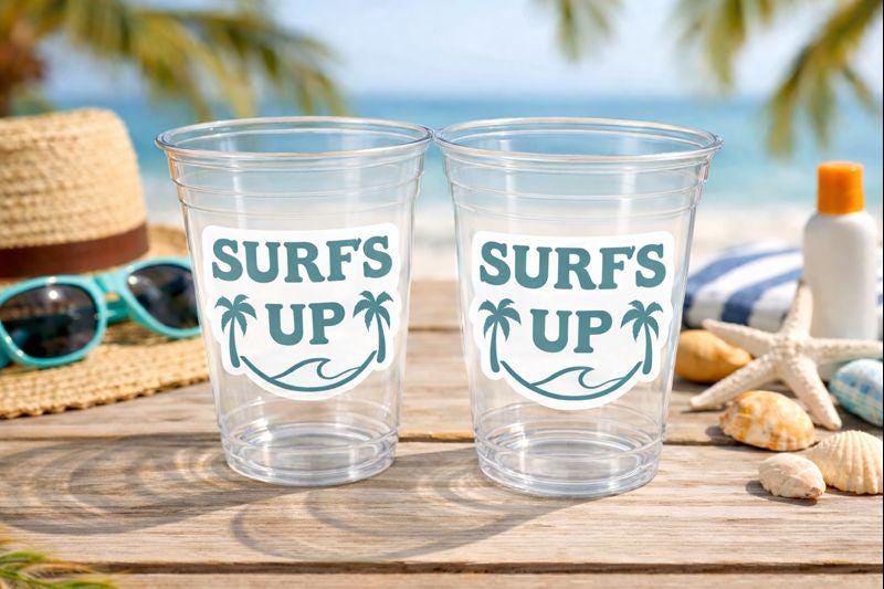 Surf Birthday Cups, The Big One Cups, 1st Birthday Party Cups, Surf Birthday Party Favors, Boy Surfing Cups, Surfs Up, Surfer, Catch A Wave