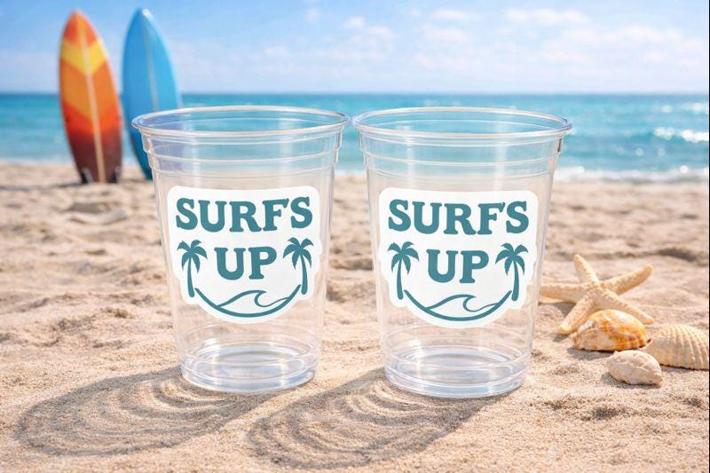 Surf Birthday Cups, The Big One Cups, 1st Birthday Party Cups, Surf Birthday Party Favors, Boy Surfing Cups, Surfs Up, Surfer, Catch A Wave