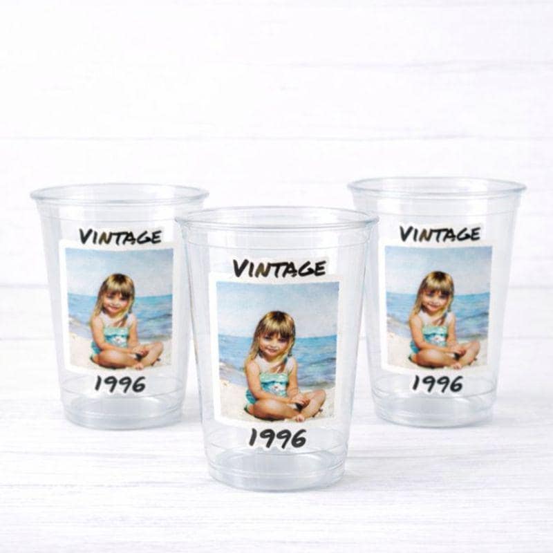 Custom Photo Cups 16oz | Personalized Plastic Party Cups with Text & Picture | Face Cups Birthday Favors | Vintage Year Est Cups Decorations
