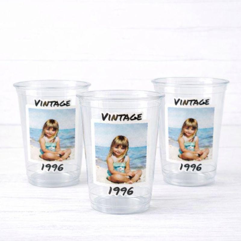 Custom Photo Cups 16oz | Personalized Plastic Party Cups with Text & Picture | Face Cups Birthday Favors | Vintage Year Est Cups Decorations