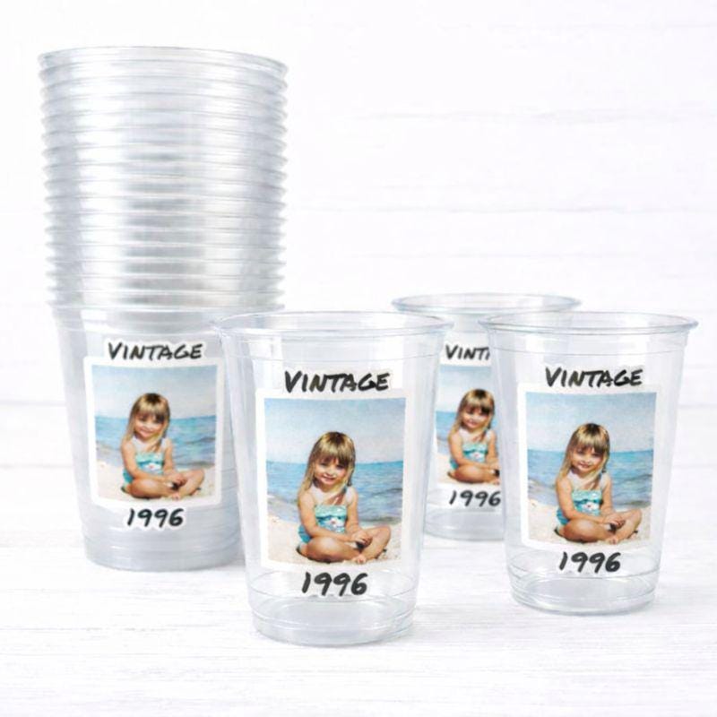 Custom Photo Cups 16oz | Personalized Plastic Party Cups with Text & Picture | Face Cups Birthday Favors | Vintage Year Est Cups Decorations