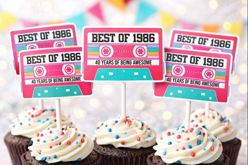 Pink 40th Birthday Party Cupcake Toppers Pink Cassette 40th Birthday Cupcake Toppers Best of 1983 Birthday Vintage 1983 Party 40th Birthday