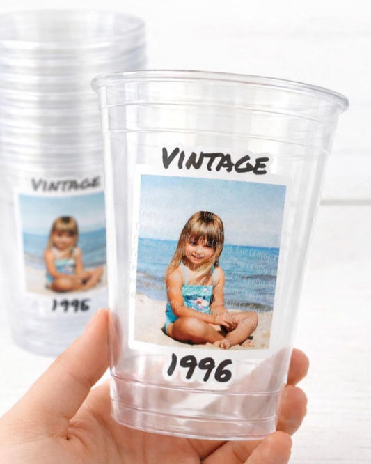Custom Photo Cups 16oz | Personalized Plastic Party Cups with Text & Picture | Face Cups Birthday Favors | Vintage Year Est Cups Decorations