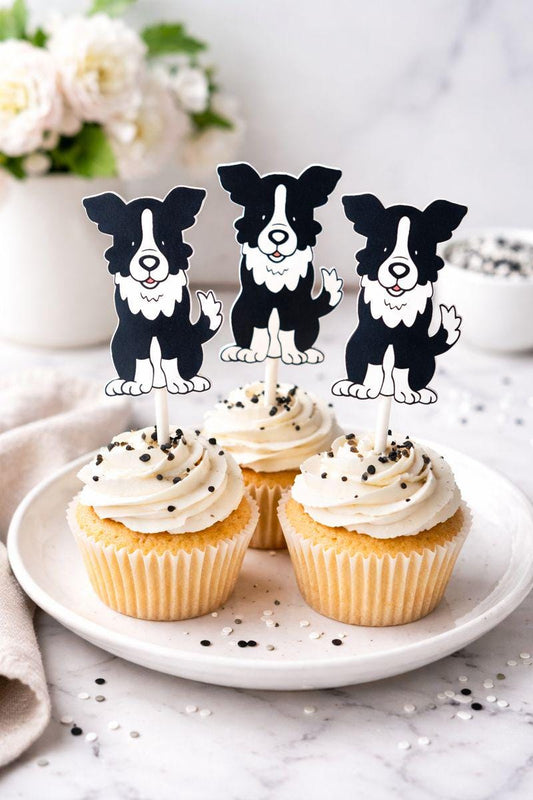 Puppy Party Cupcake Toppers - Dog Cupcake Toppers - Border Collies Cupcake Toppers