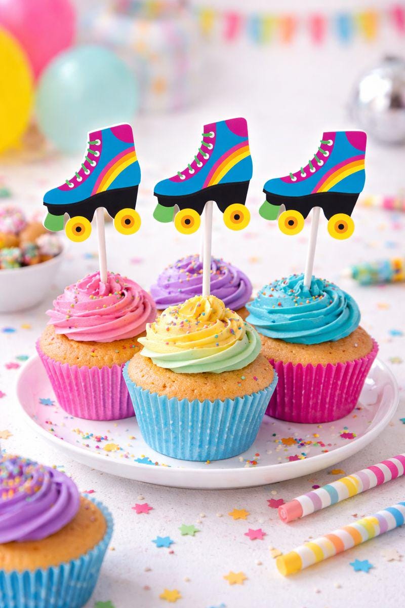 Roller Skate Cupcake Toppers - 80's party, 80's birthday party, Colorful Roller Skate Cupcake Toppers