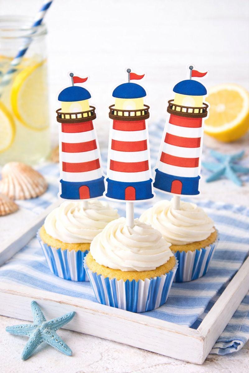 Lighthouse Cupcake Toppers | Nautical Birthday Party Decorations | Beach & Coastal Party Cupcake Picks | Beach Party Decorations | Coastal