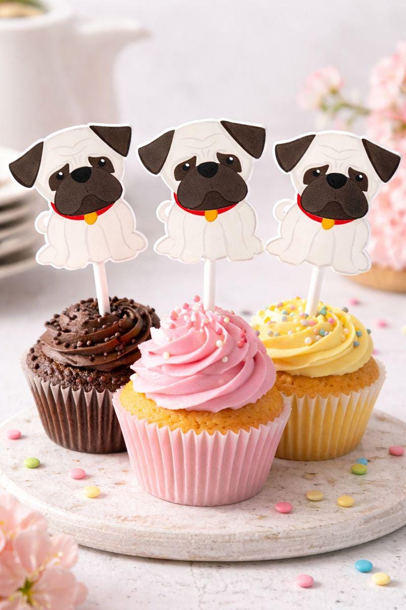 Puppy Party Cupcake Toppers - Pug Cupcake Toppers Pug Birthday Party Pug Party Decorations Puppy Party Cupcake Toppers Dog Birthday Party