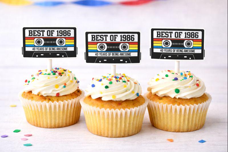 40th Birthday Party Cupcake Toppers Tan Cassette 40th Birthday Cupcake Toppers Best of 1985 Birthday Vintage 1985 Party 40th Birthday Party