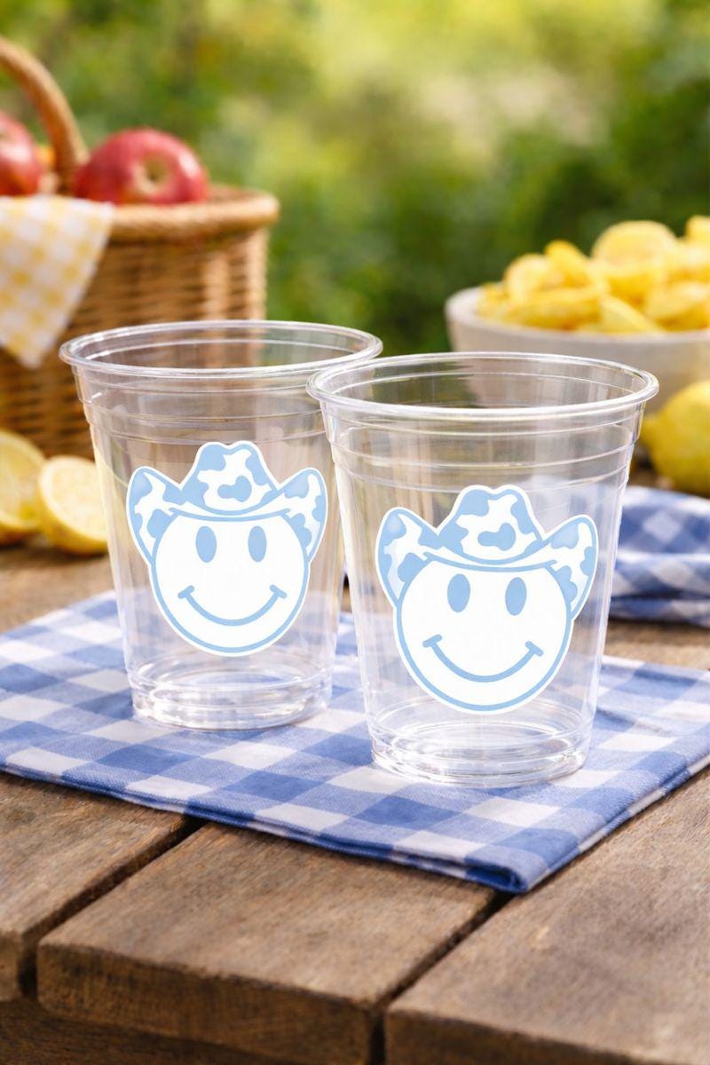 Blue COWBOY PARTY CUPS - Cowboy Cups Cowboy Party Decorations Cowgirl Bachelorette Cow Print Hat Happy Face Cups Cowboy Rodeo Party Cups