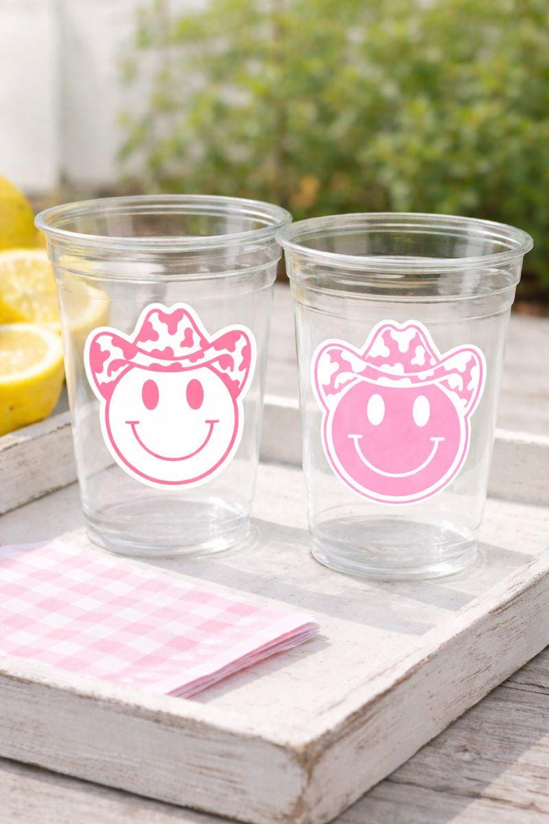 COWGIRL PARTY CUPS - Cowgirl Cups Cowgirl Party Decorations Cowgirl Bachelorette Cow Print Hat Happy Face Cups Cowgirl Rodeo Party Cups