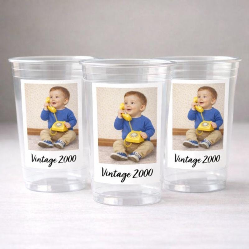 Ships Fast Personalized Photo Cups – 16oz Custom Party Cups, Vintage Est Year Picture Cups, Birthday Parties Favors Decorations Supplies