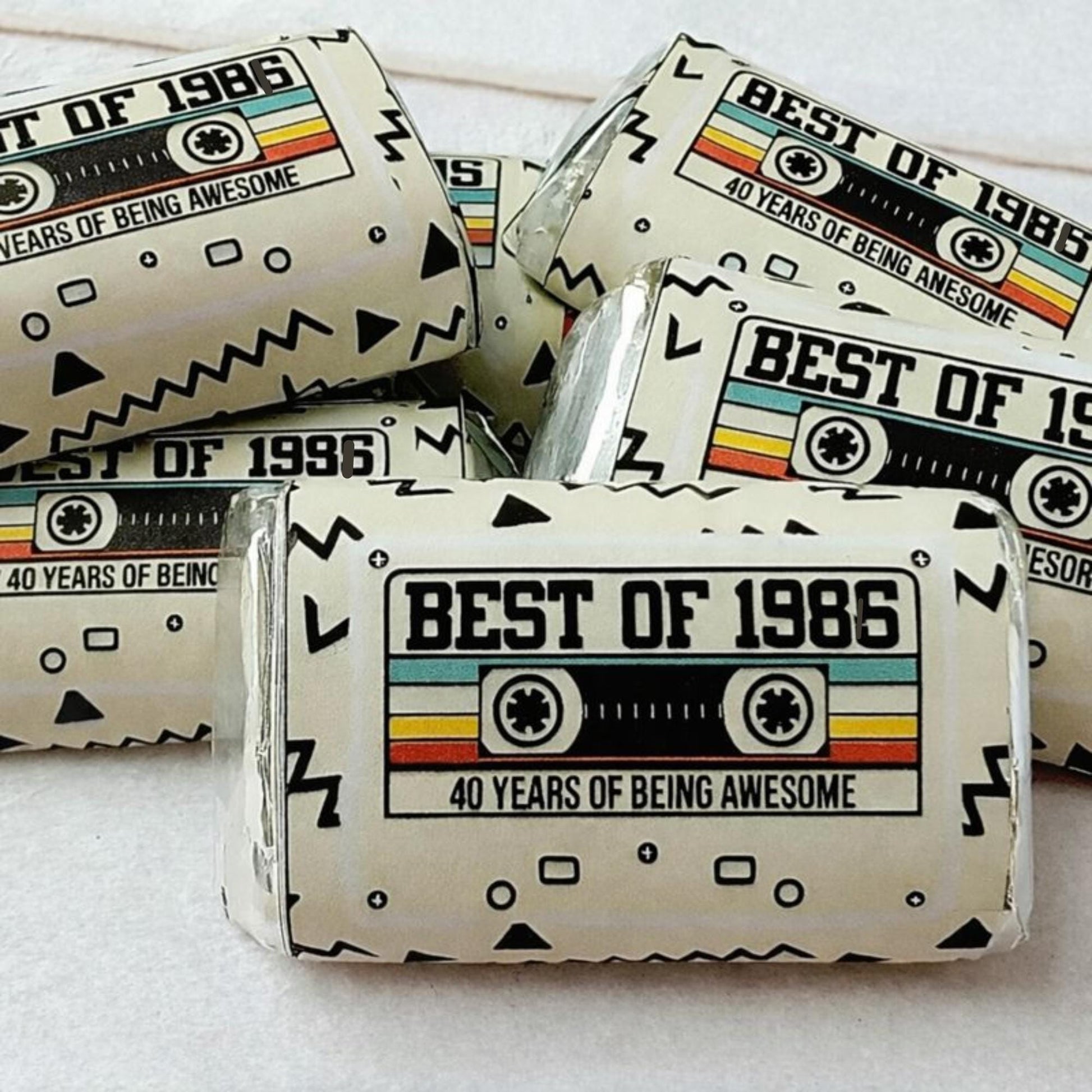 30 - Tan 40th Birthday Cassette Tape Stickers 40th Birthday Stickers or Mini Candy Bar Wrapper Vintage 40th Birthday Best of 1986 Birthday
