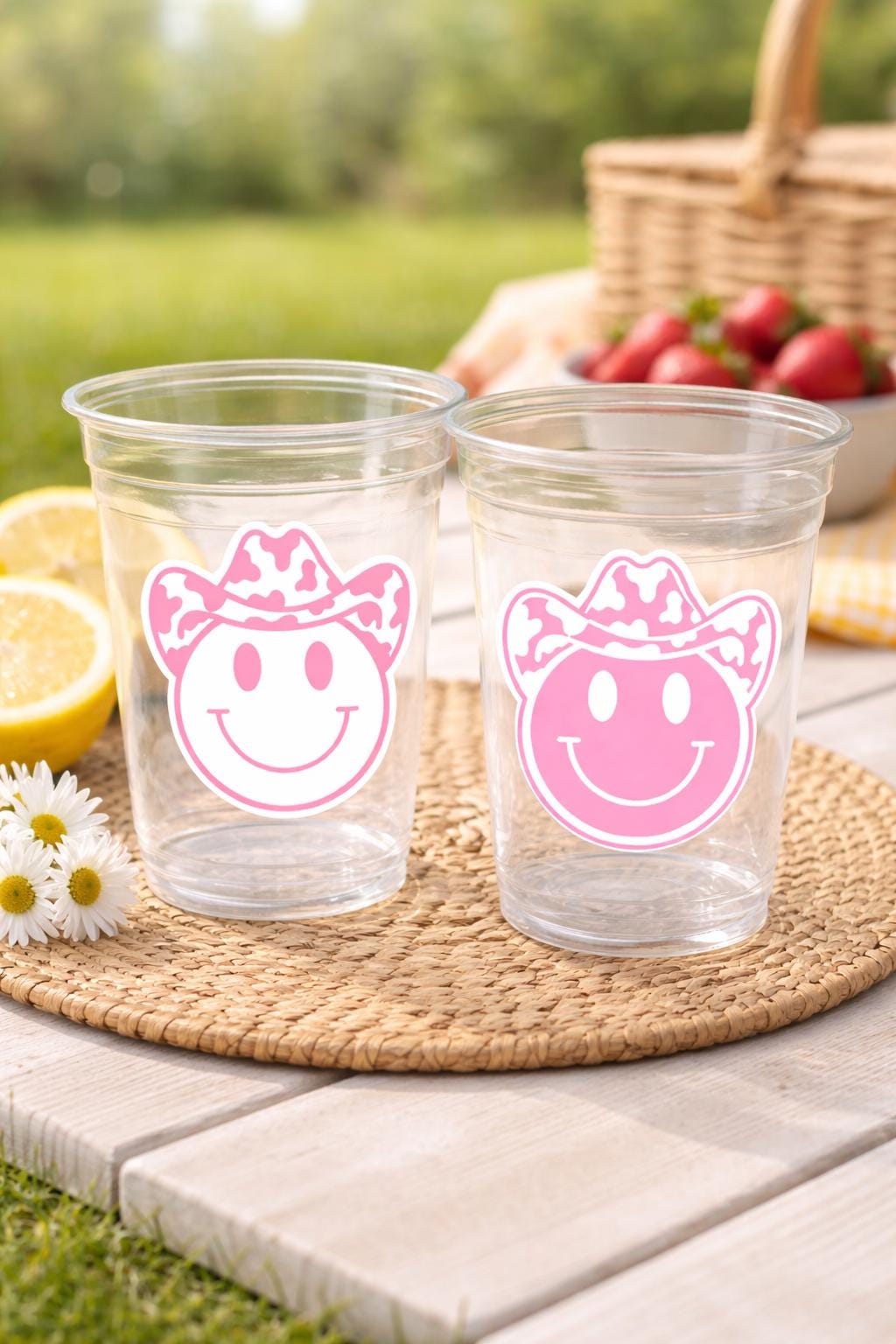 COWGIRL PARTY CUPS - Cowgirl Cups Cowgirl Party Decorations Cowgirl Bachelorette Cow Print Hat Happy Face Cups Cowgirl Rodeo Party Cups