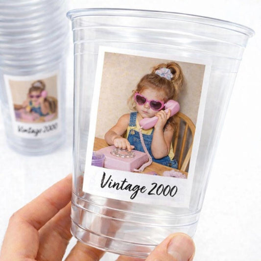 Vintage Est Year Party Cups 16oz, Personalized Photo Plastic Favor Cups for Birthdays & Celebrations, Custom Picture Cups Ships Fast