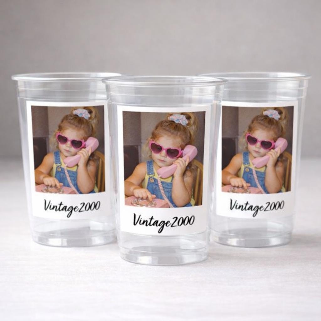 SHIPS FAST - Vintage Est Year Party Cups 16oz, Personalized Photo Plastic Favor Cups for Birthdays & Celebrations, Custom Picture Cups