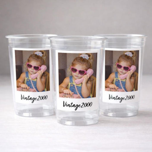 SHIPS FAST - Vintage Est Year Party Cups 16oz, Personalized Photo Plastic Favor Cups for Birthdays & Celebrations, Custom Picture Cups