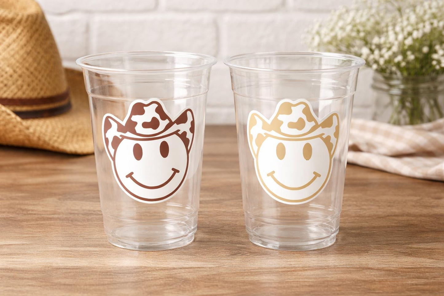 Brown COWBOY PARTY CUPS - Cowboy Cups Cowboy Party Decorations Cowgirl Bachelorette Cow Print Hat Happy Face Cups Cowboy Rodeo Party Cups