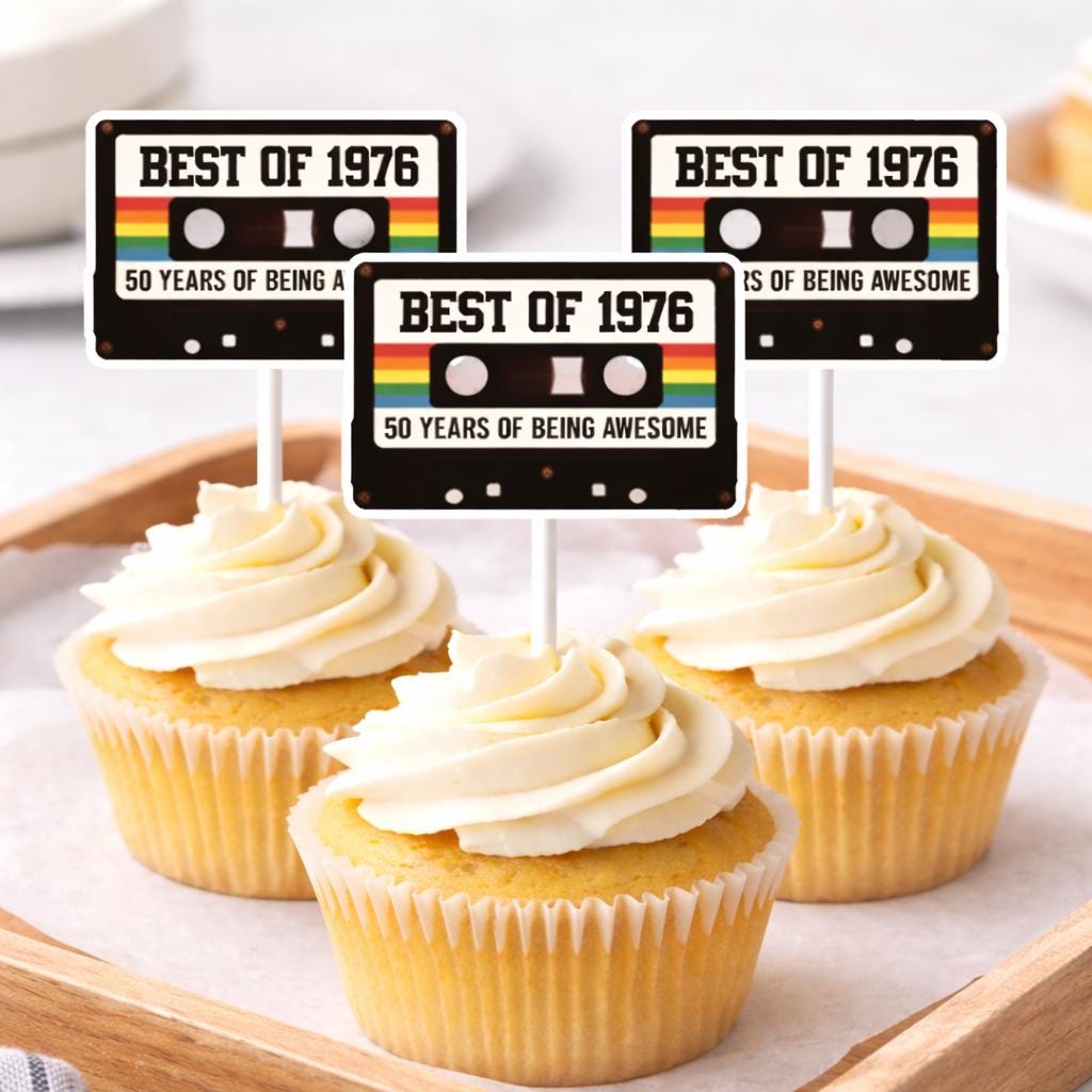 1976 cassette tape cupcake toppers on lollipop sticks for a retro 50th birthday party