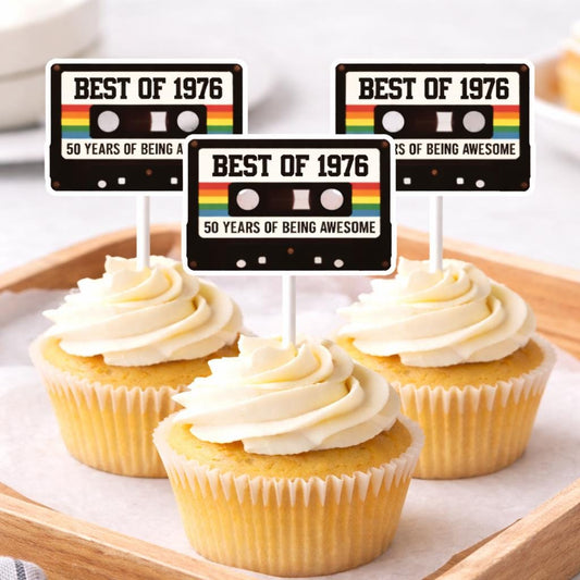 1976 cassette tape cupcake toppers on lollipop sticks for a retro 50th birthday party