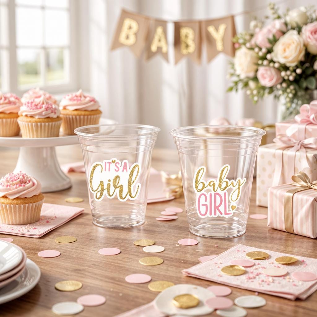 GIRL BABY SHOWER Party Cups - It's a Girl Party Cups Baby Girl Party Cups Pink Baby Shower Cups Pink and Gold Baby Shower Favors Decorations