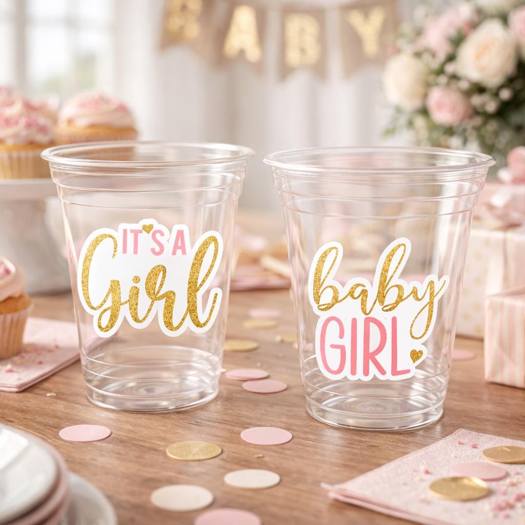 GIRL BABY SHOWER Party Cups - It's a Girl Party Cups Baby Girl Party Cups Pink Baby Shower Cups Pink and Gold Baby Shower Favors Decorations