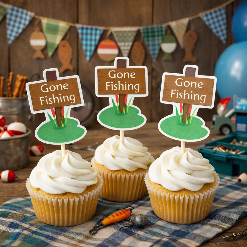 Gone Fishing Cupcake Toppers, Fish Party Cups, The BIG One, Fisherman Cupcake Toppers, Fishing Birthday, Fishing Party, Fishing Cake Toppers