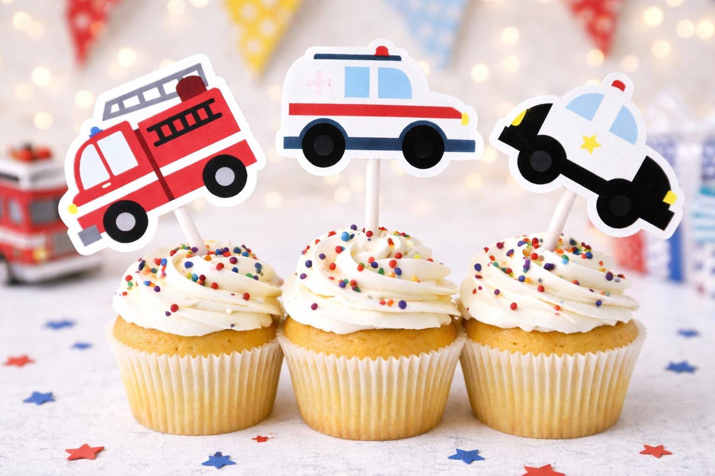 Emergency Vehicles Cupcake Toppers, Firetruck Cupcake Toppers, Ambulance Cupcake Toppers, Police Car Cupcake Toppers
