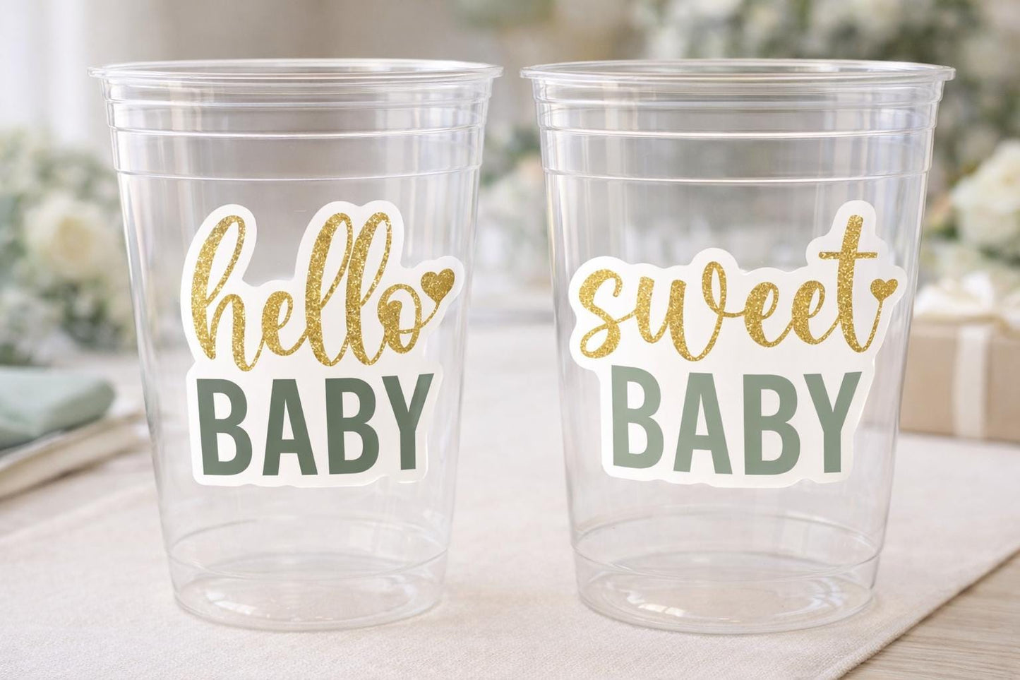 GREEN AND GOLD Baby Shower Cups Hello Baby Sweet Baby Shower Favor Green Gold Gender Neutral Baby Shower Favors Green Baby Shower Favor Cups