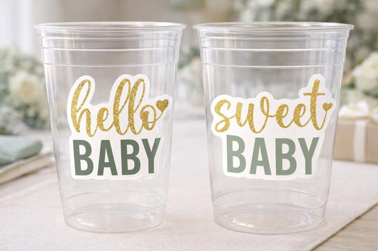 GREEN AND GOLD Baby Shower Cups Hello Baby Sweet Baby Shower Favor Green Gold Gender Neutral Baby Shower Favors Green Baby Shower Favor Cups