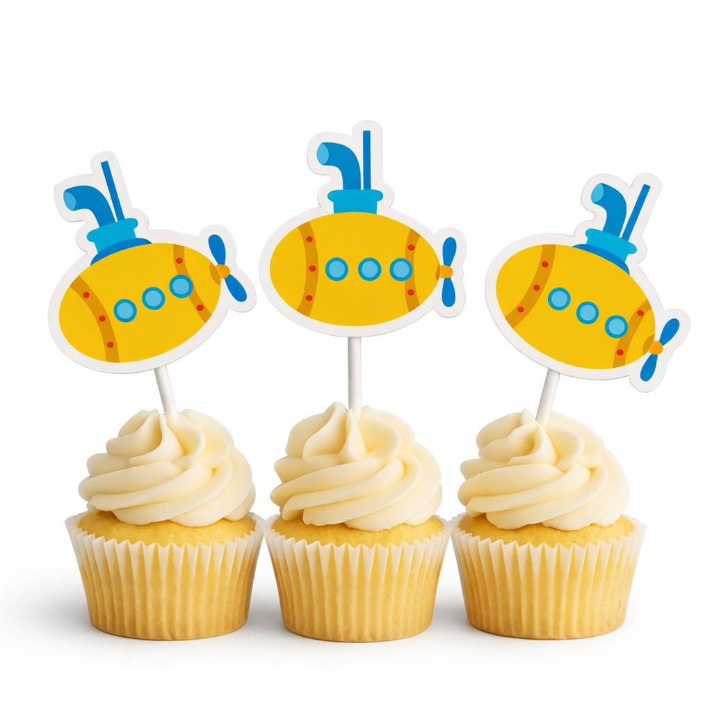 Submarine Cupcake Toppers, Under the Sea Party Decorations, Nautical Baby Shower, Ocean Theme Birthday, Yellow Submarine Picks, Party Decor