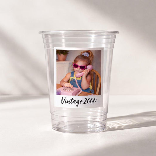 Vintage Est Year Party Cups 16oz, Personalized Photo Plastic Favor Cups for Birthdays & Celebrations, Custom Picture Cups Ships Fast