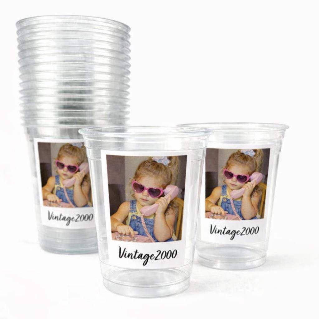 SHIPS FAST - Vintage Est Year Party Cups 16oz, Personalized Photo Plastic Favor Cups for Birthdays & Celebrations, Custom Picture Cups