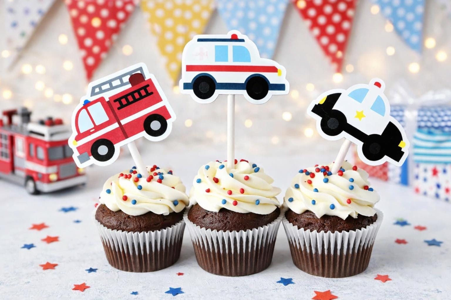 Emergency Vehicles Cupcake Toppers, Firetruck Cupcake Toppers, Ambulance Cupcake Toppers, Police Car Cupcake Toppers