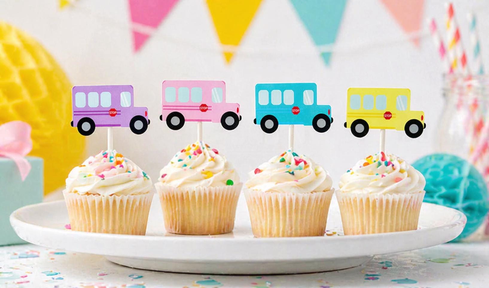 School Bus Cupcake Toppers, Pink School Bus, Blue School Bus, Cake Toppers, Bus Birthday Party Decorations, Bus Party Supplies, School Party