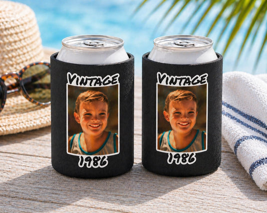 Personalized Can Cooler, Vintage Year Can Cooler, Custom Picture Can Cooler, Bachelorette Party Favors, Custom Birthday Party Favors