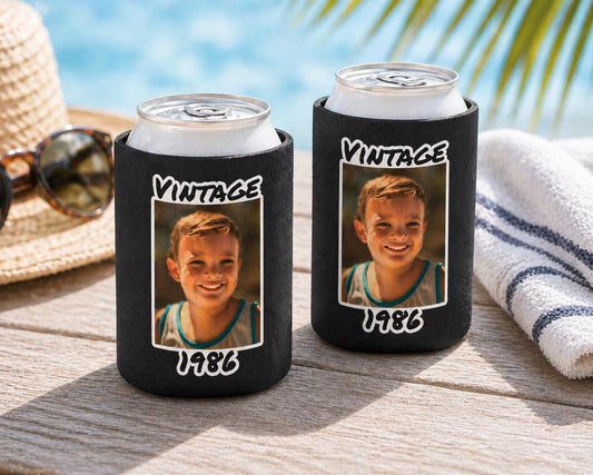 Personalized Can Cooler, Vintage Year Can Cooler, Custom Picture Can Cooler, Bachelorette Party Favors, Custom Birthday Party Favors