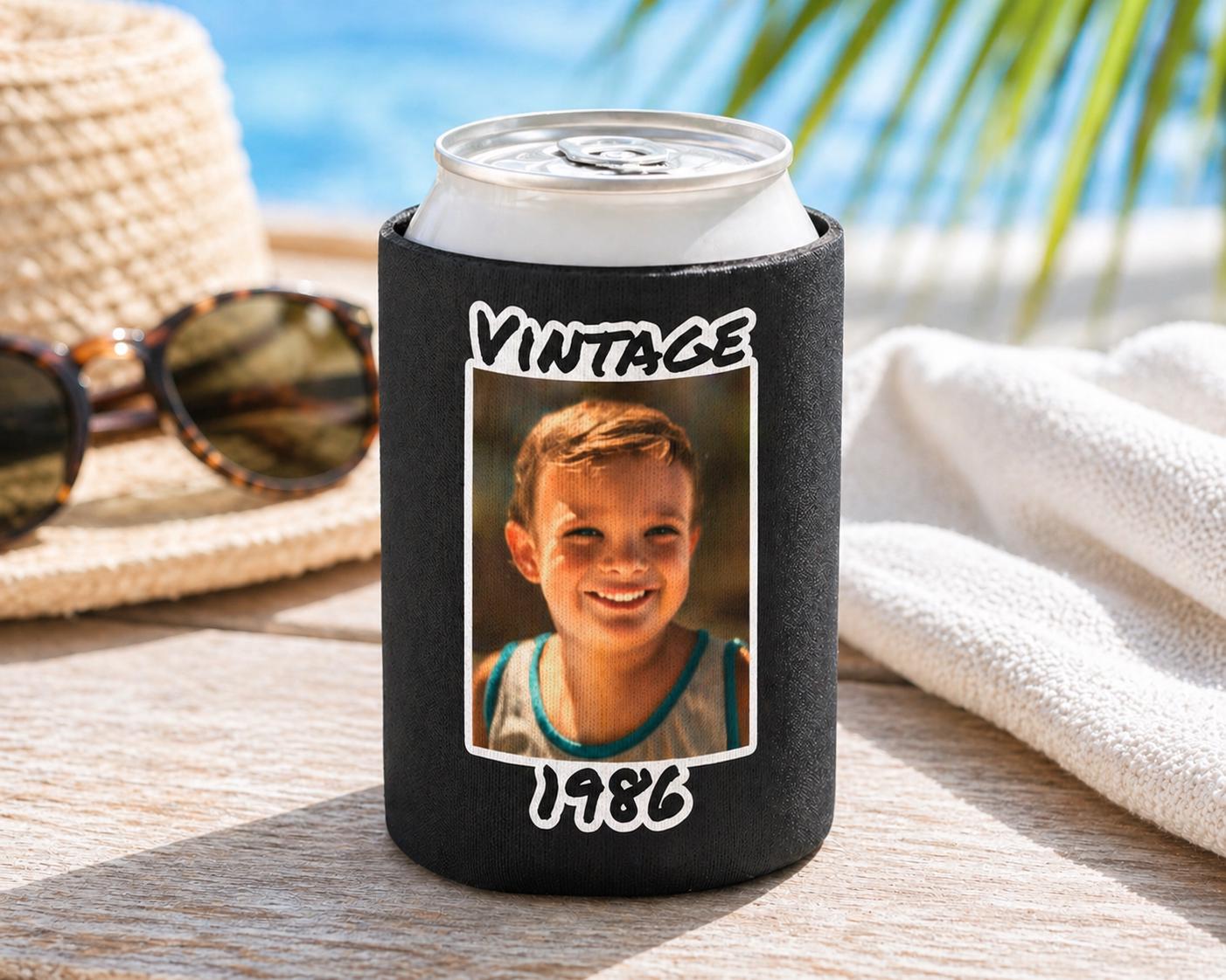 Personalized Can Cooler, Vintage Year Can Cooler, Custom Picture Can Cooler, Bachelorette Party Favors, Custom Birthday Party Favors