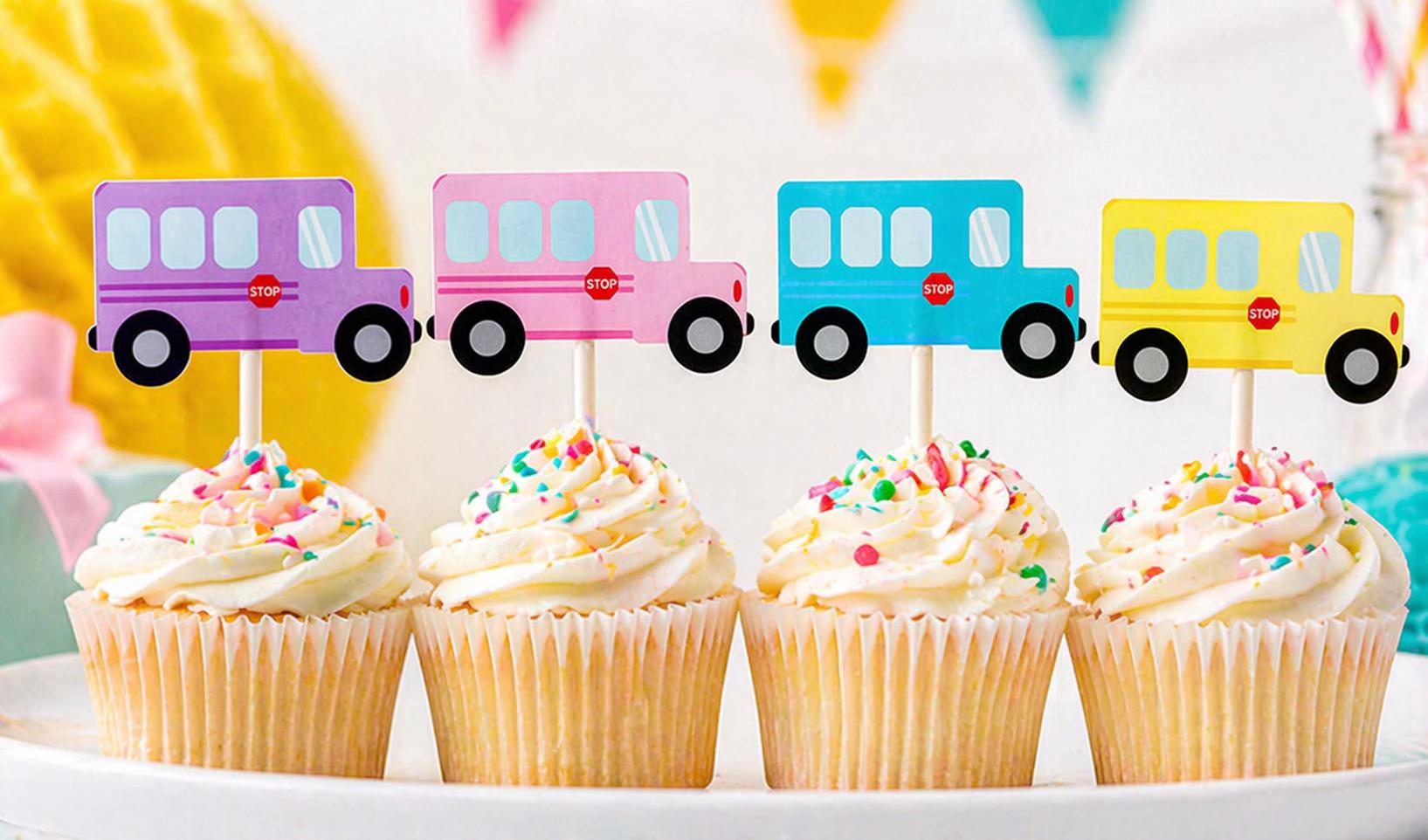 School Bus Cupcake Toppers, Pink School Bus, Blue School Bus, Cake Toppers, Bus Birthday Party Decorations, Bus Party Supplies, School Party