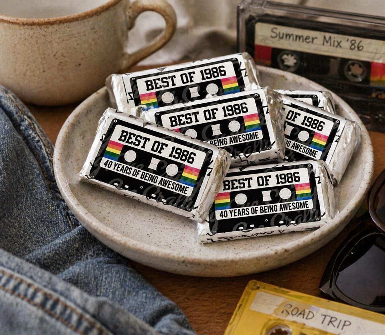 30 - 40th Birthday Cassette Tape Stickers 40th Birthday Stickers or Mini Candy Bar Wrapper Vintage 40th Birthday Best of 1985 Birthday