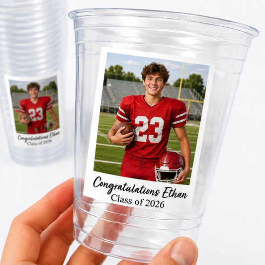 Personalized Sports Party Cups – Custom 16oz Clear Cups with Photo & Text, Sports Night Party Cups, Team Party Cups, Championship Tournament