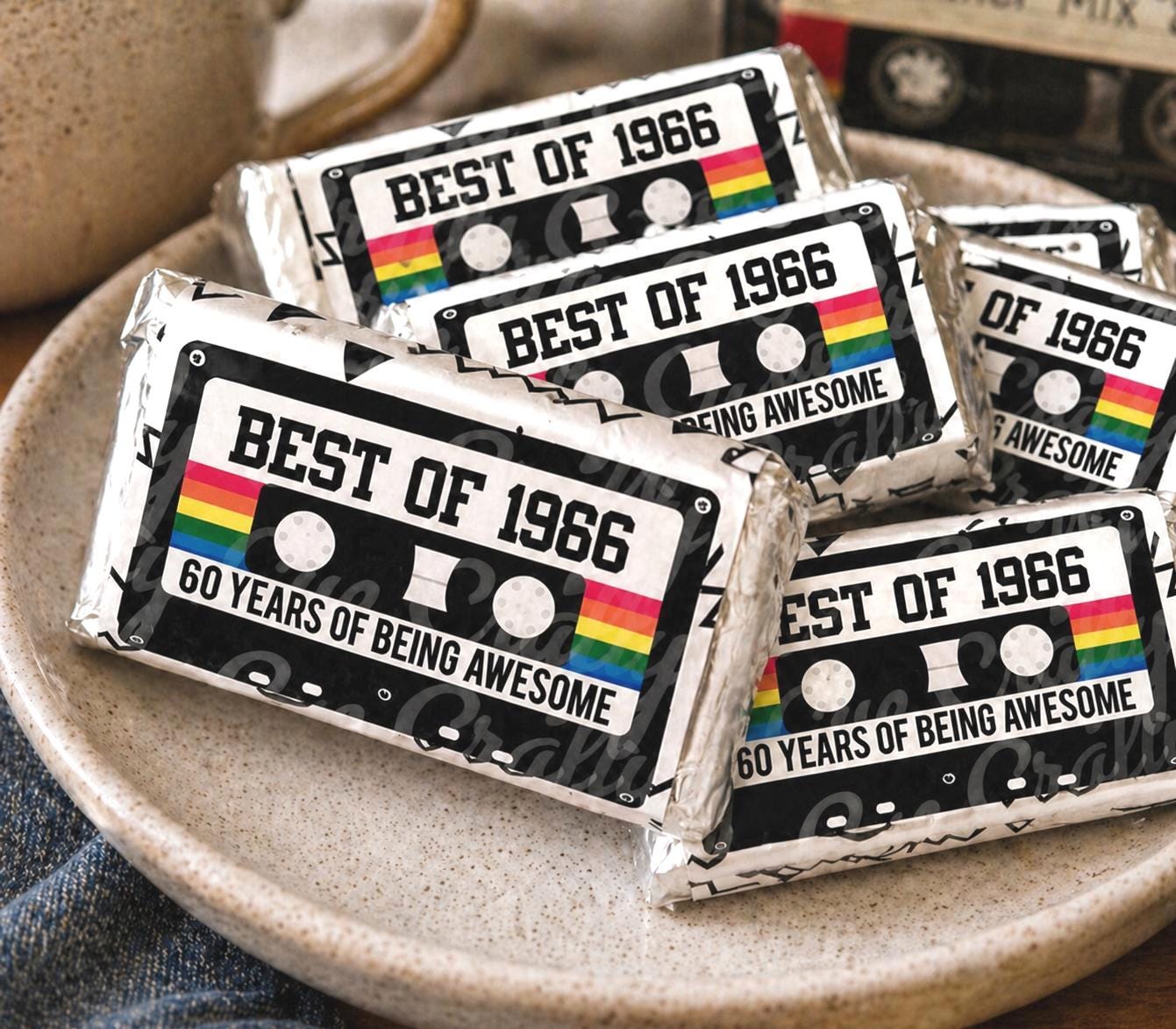 60th Birthday Candy Bar Stickers, 60th Birthday Cassette Tape Stickers, Stickers For Mini Chocolate Candy Bars, Best of 1966 favors, 30ct