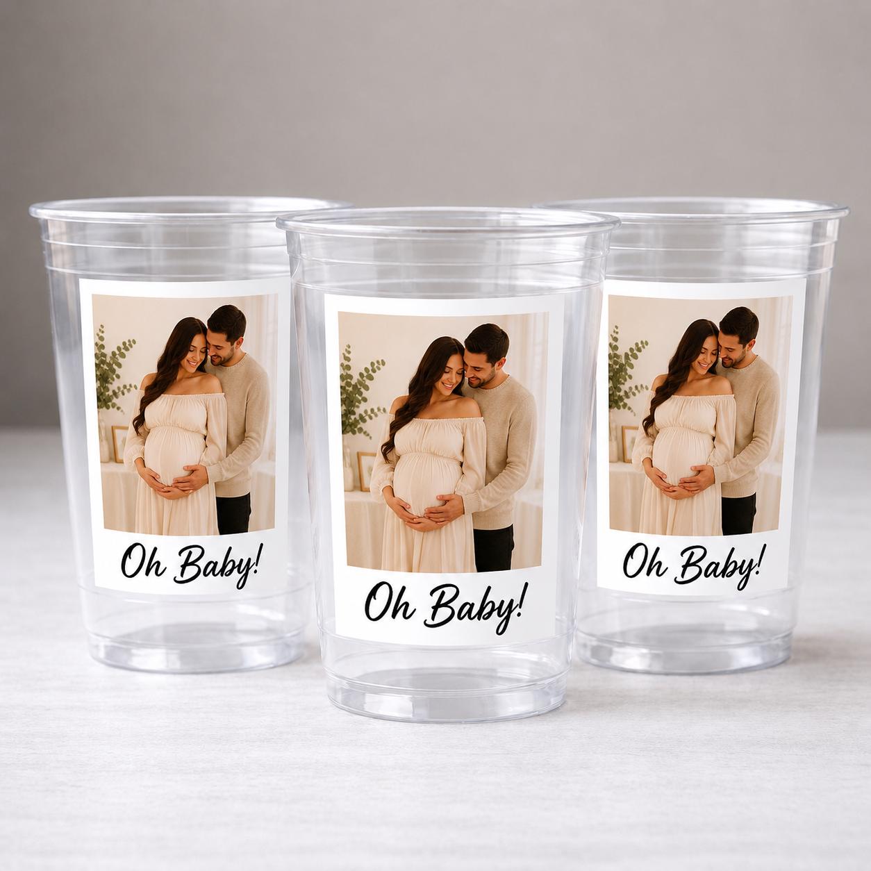 Personalized Baby Shower Cups with Photo | Oh Baby Party Cups 16oz | Custom Photo Baby Shower Favors | Pregnancy Party Cups
