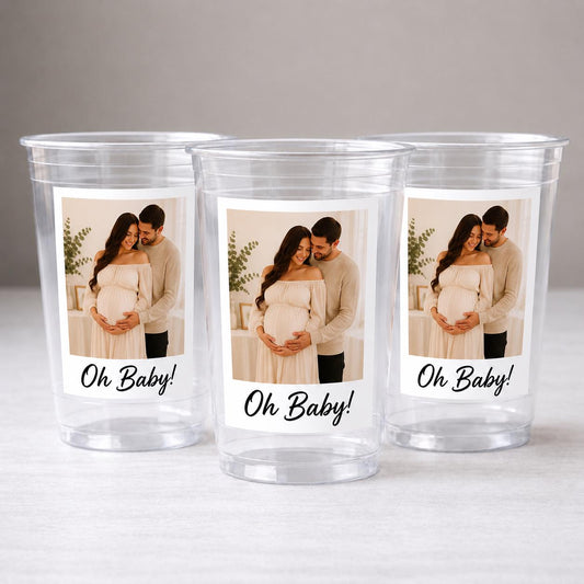Personalized Baby Shower Cups with Photo | Oh Baby Party Cups 16oz | Custom Photo Baby Shower Favors | Pregnancy Party Cups