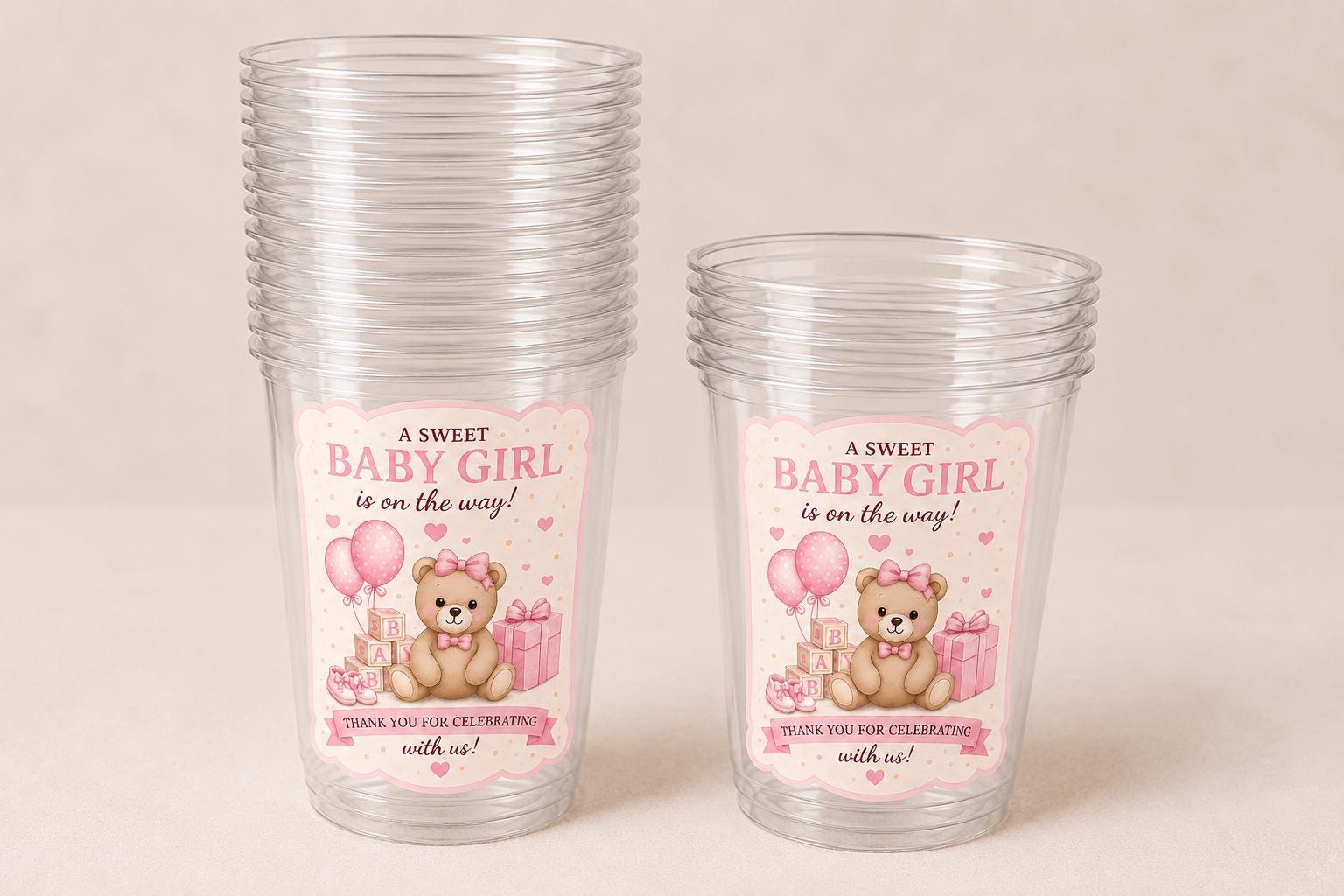 Baby Girl Shower Cups – Teddy Bear Baby Shower Favors – Pink Baby Shower Party Cups – Teddy Bear Decorations Supplies