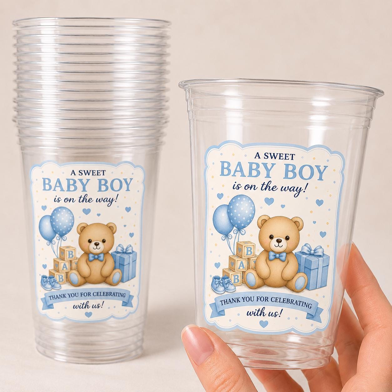 Baby Boy Shower Cups – Teddy Bear Baby Shower Favors – Blue Baby Shower Party Cups – Teddy Bear Decorations Supplies