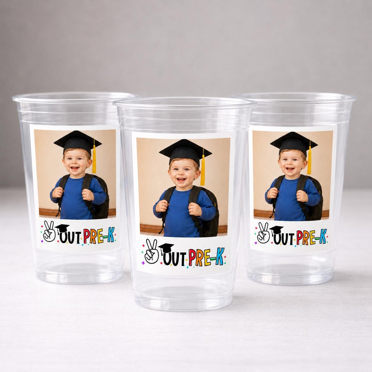 Peace Out Pre-K Preschool Graduation Cups – Personalized Photo Cups, Custom Pre-K Grad Party Favors, 16oz Clear Cups