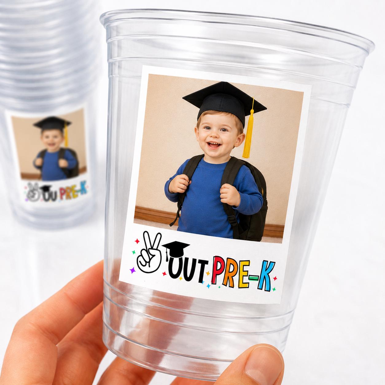 Peace Out Pre-K Preschool Graduation Cups – Personalized Photo Cups, Custom Pre-K Grad Party Favors, 16oz Clear Cups