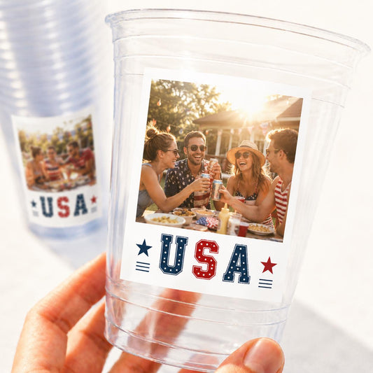 Personalized 4th of July Cups – Custom Photo Party Cups – USA Patriotic Birthday Cups – Memorial Day BBQ Decorations – Summer Party Favors