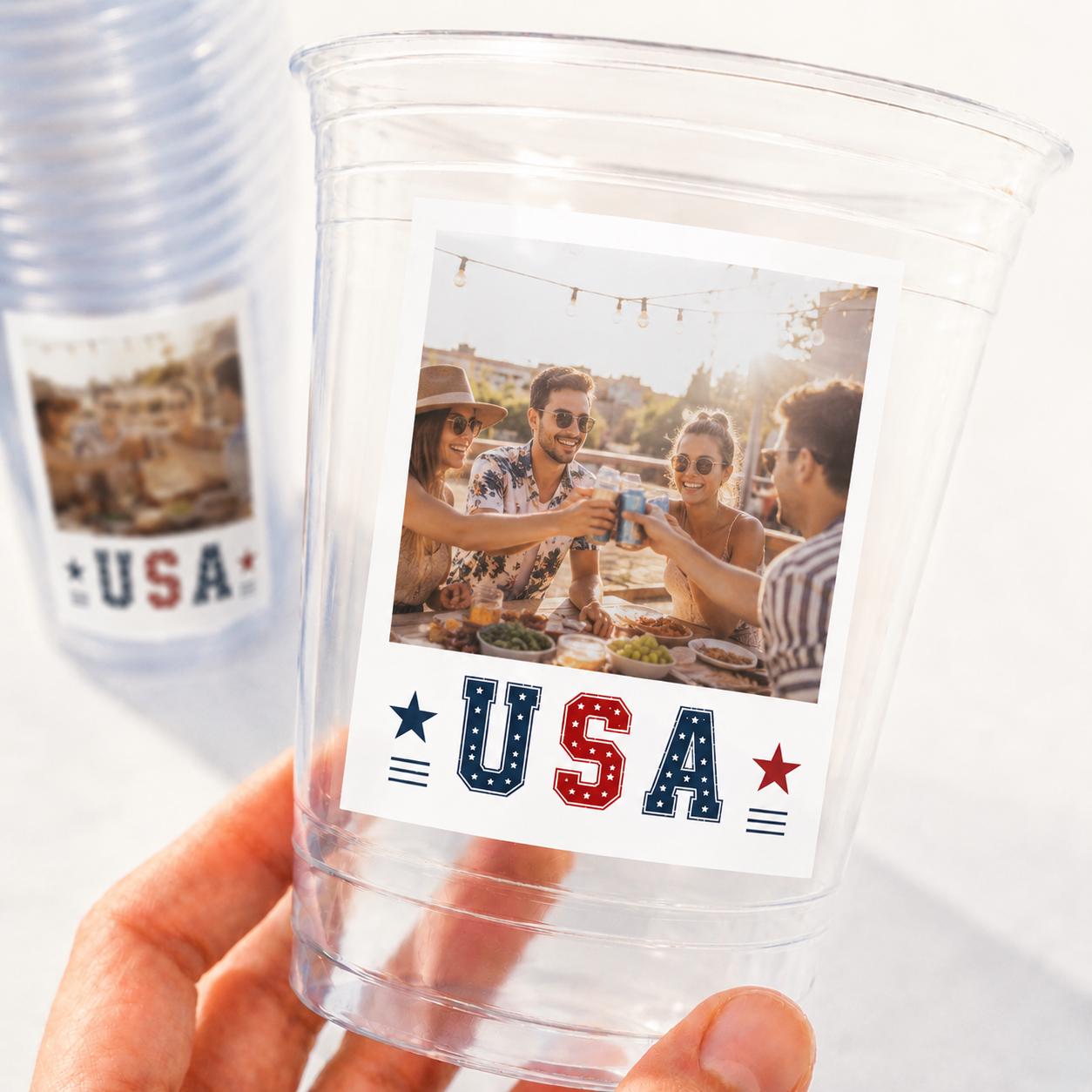 Personalized 4th of July Cups – Custom Photo Party Cups – USA Patriotic Birthday Cups – Memorial Day BBQ Decorations – Summer Party Favors